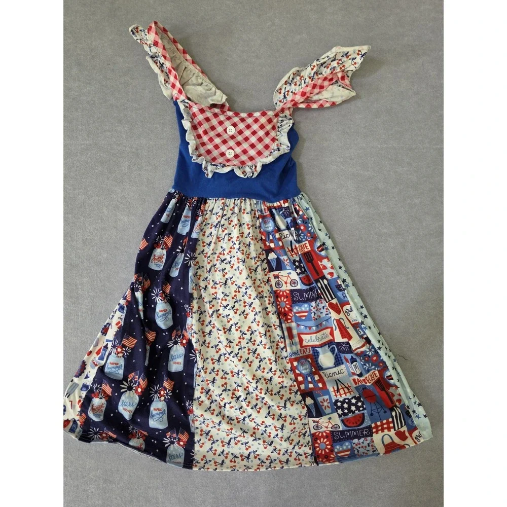 Boutique 4th of July Patriotic Ruffle Sleeve Dress Girls Sz 10/12 Red White Blue